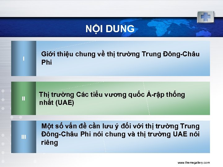  NỘI DUNG I II III Giới thiệu chung về thị trường Trung Đông-Châu