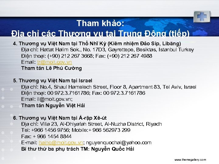 Tham khảo: Địa chỉ các Thương vụ tại Trung Đông (tiếp) 4. Thương vụ
