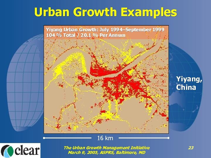 Urban Growth Examples Yiyang Urban Growth: July 1994–September 1999 Yiyang July 1994 1999 September