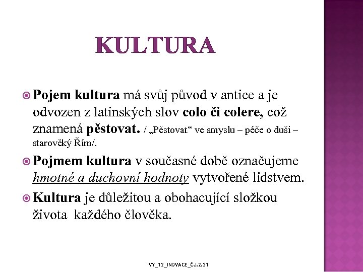 KULTURA Pojem kultura má svůj původ v antice a je odvozen z latinských slov