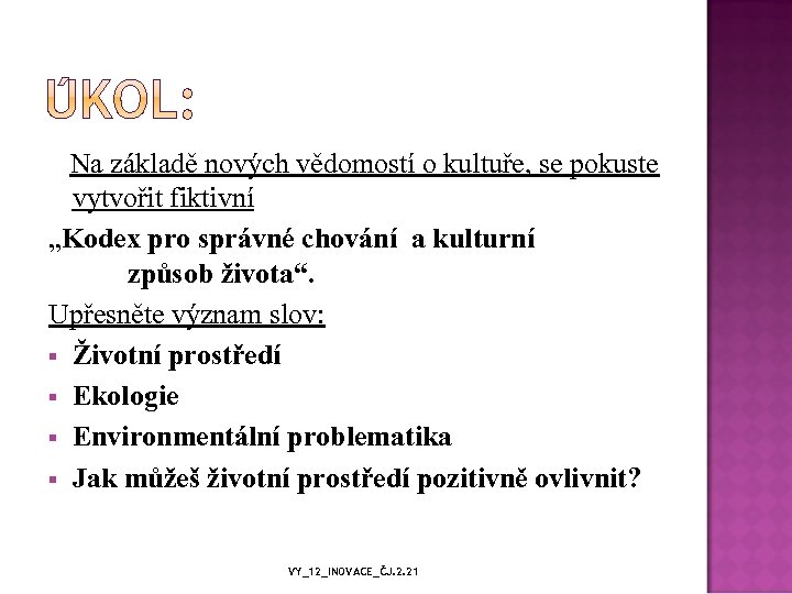  Na základě nových vědomostí o kultuře, se pokuste vytvořit fiktivní „Kodex pro správné