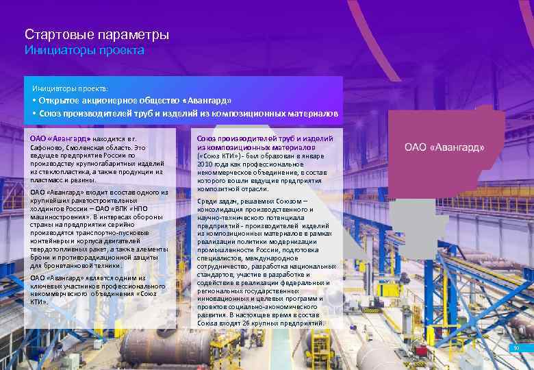 Стартовые параметры Инициаторы проекта: • Открытое акционерное общество «Авангард» • Союз производителей труб и