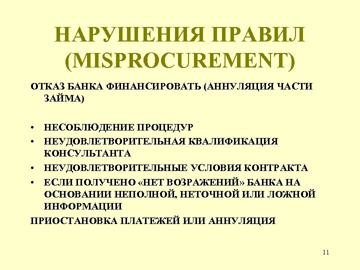 НАРУШЕНИЯ ПРАВИЛ (MISPROCUREMENT) ОТКАЗ БАНКА ФИНАНСИРОВАТЬ (АННУЛЯЦИЯ ЧАСТИ ЗАЙМА) • НЕСОБЛЮДЕНИЕ ПРОЦЕДУР • НЕУДОВЛЕТВОРИТЕЛЬНАЯ