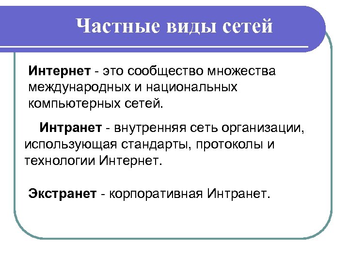 Частные виды сетей Интернет - это сообщество множества международных и национальных компьютерных сетей. Интранет