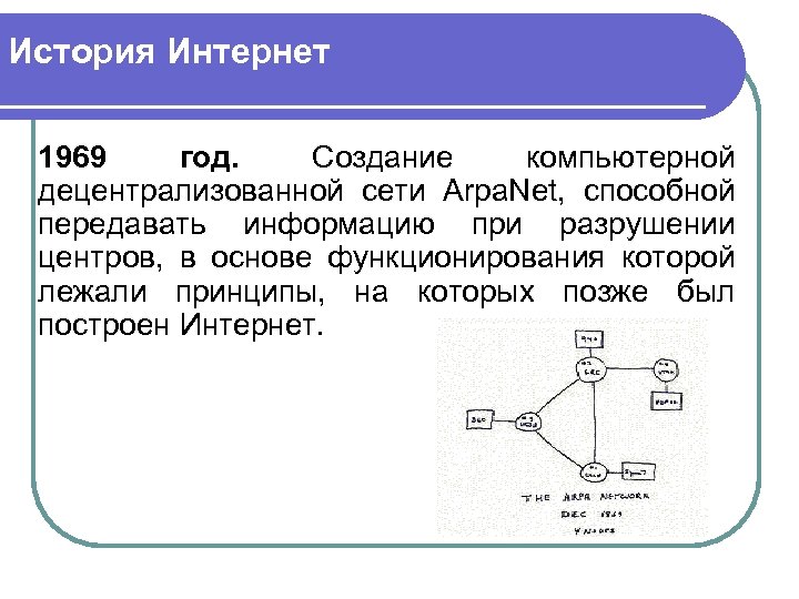 История Интернет 1969 год. Создание компьютерной децентрализованной сети Arpa. Net, способной передавать информацию при
