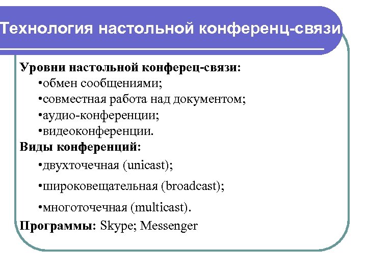 Технология настольной конференц-связи Уровни настольной конферец-связи: • обмен сообщениями; • совместная работа над документом;