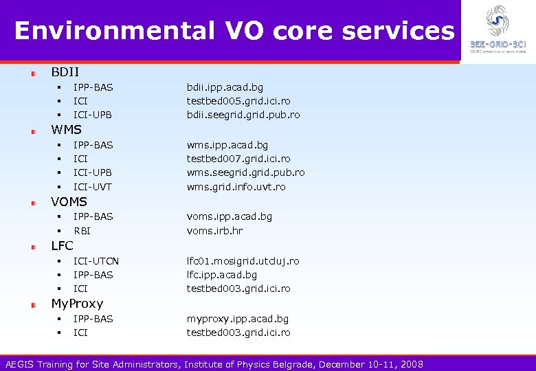 Environmental VO core services BDII § § § IPP-BAS ICI-UPB bdii. ipp. acad. bg