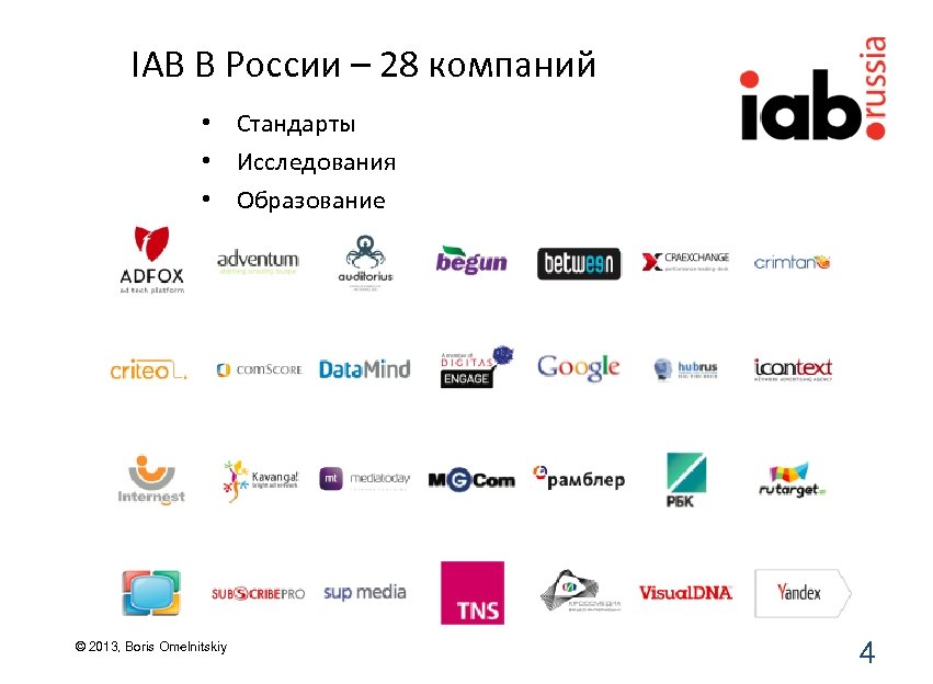 IAB В России – 28 компаний • Стандарты • Исследования • Образование © 2013,