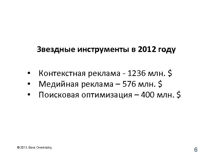 Звездные инструменты в 2012 году • Контекстная реклама - 1236 млн. $ • Медийная