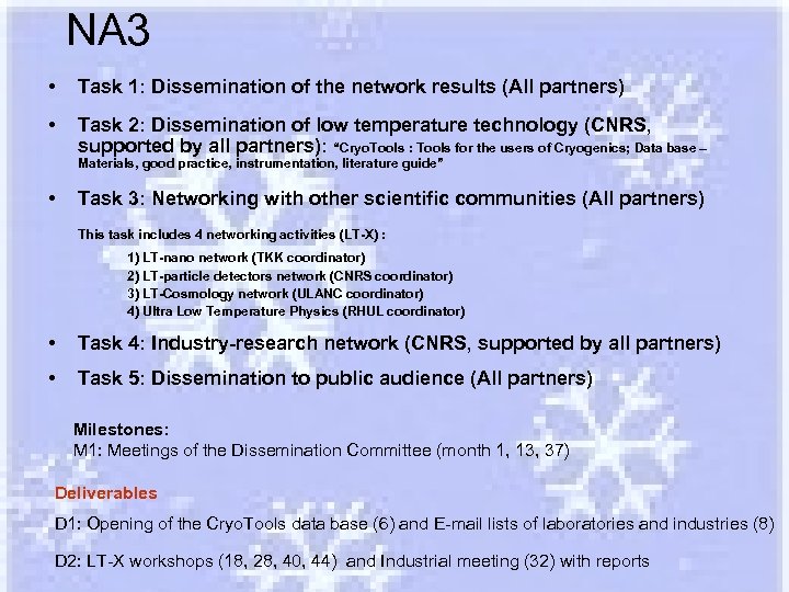 NA 3 • Task 1: Dissemination of the network results (All partners) • Task
