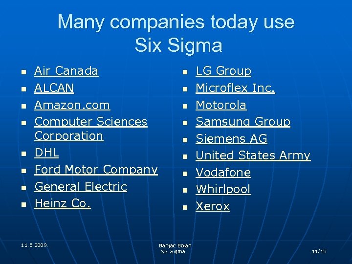 Many companies today use Six Sigma n n n n Air Canada ALCAN Amazon.