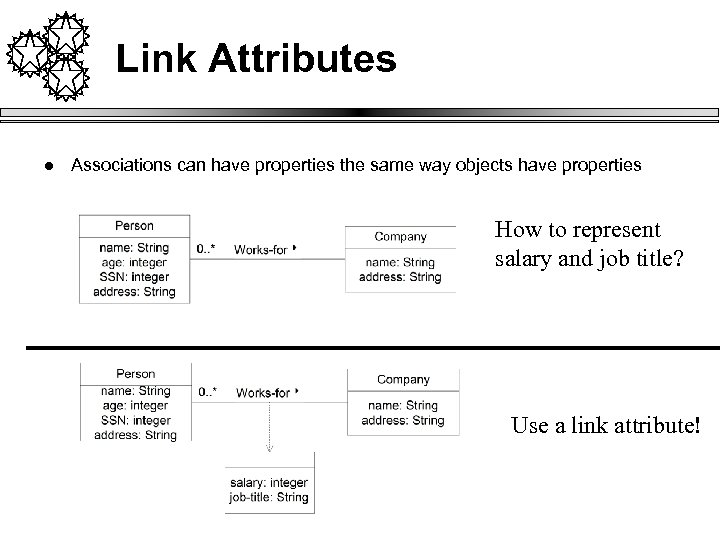 Link Attributes l Associations can have properties the same way objects have properties How