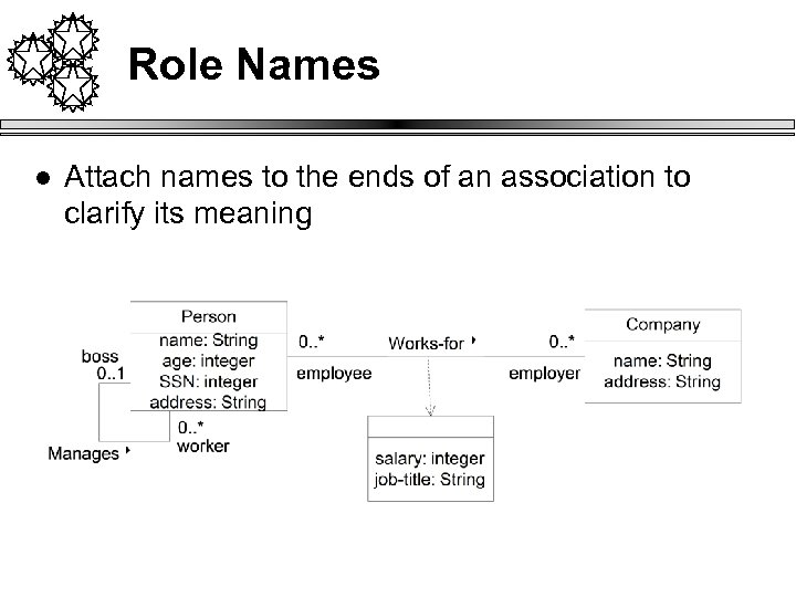 Role Names l Attach names to the ends of an association to clarify its