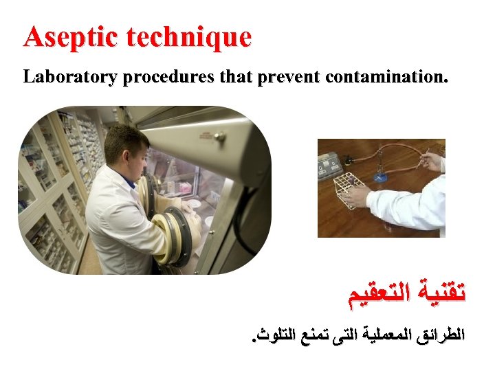 Aseptic technique Laboratory procedures that prevent contamination. ﺗﻘﻨﻴﺔ ﺍﻟﺘﻌﻘﻴﻢ . ﺍﻟﻄﺮﺍﺋﻖ ﺍﻟﻤﻌﻤﻠﻴﺔ ﺍﻟﺘﻰ ﺗﻤﻨﻊ