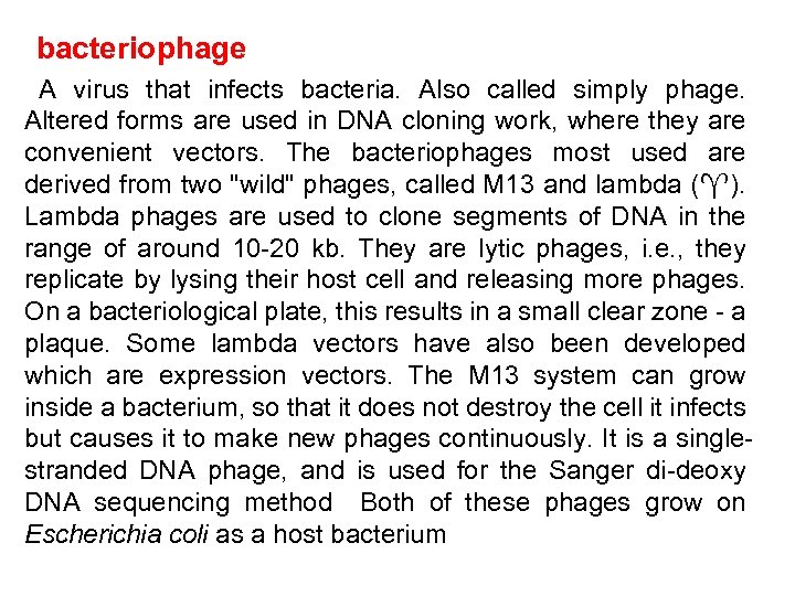 bacteriophage A virus that infects bacteria. Also called simply phage. Altered forms are used