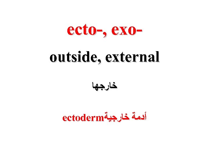 ecto-, exooutside, external ﺧﺎﺭﺟﻬﺎ ectoderm ﺃﺪﻣﺔ ﺧﺎﺭﺟﻴﺔ 