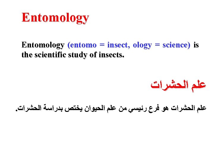 Entomology (entomo = insect, ology = science) is the scientific study of insects. ﻋﻠﻢ