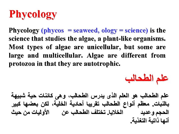Phycology (phycos = seaweed, ology = science) is the science that studies the algae,