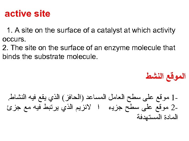 active site 1. A site on the surface of a catalyst at which activity