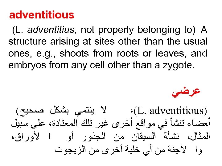 adventitious (L. adventitius, not properly belonging to) A structure arising at sites other than