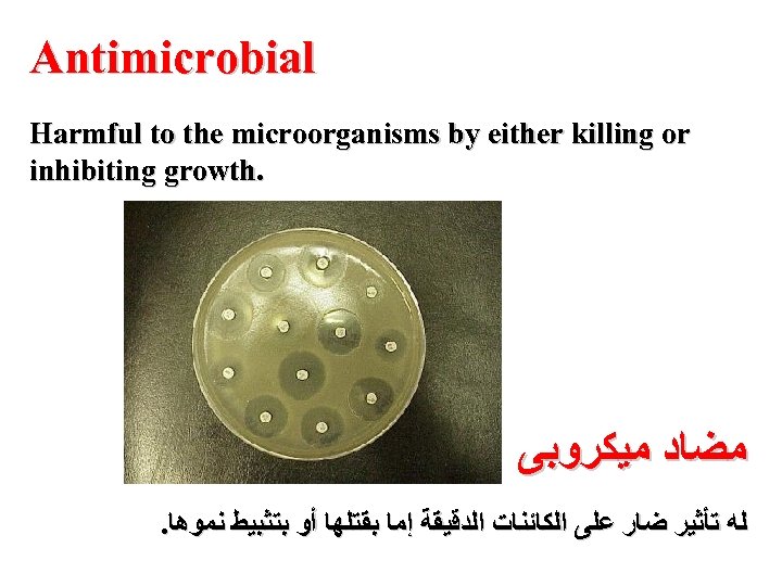 Antimicrobial Harmful to the microorganisms by either killing or inhibiting growth. ﻣﻀﺎﺩ ﻣﻴﻜﺮﻭﺑﻰ .