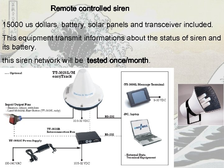 Remote controlled siren 15000 us dollars, battery, solar panels and transceiver included. This equipment