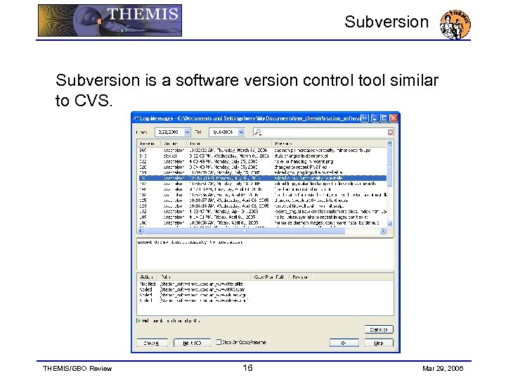 Subversion is a software version control tool similar to CVS. THEMIS/GBO Review 16 Mar