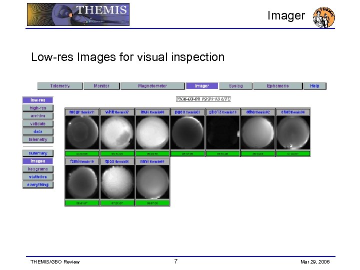 Imager Low-res Images for visual inspection THEMIS/GBO Review 7 Mar 29, 2006 