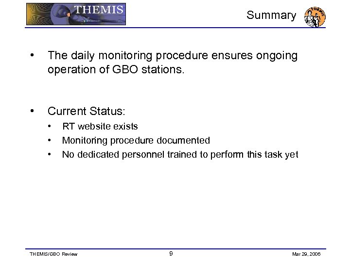 Summary • The daily monitoring procedure ensures ongoing operation of GBO stations. • Current