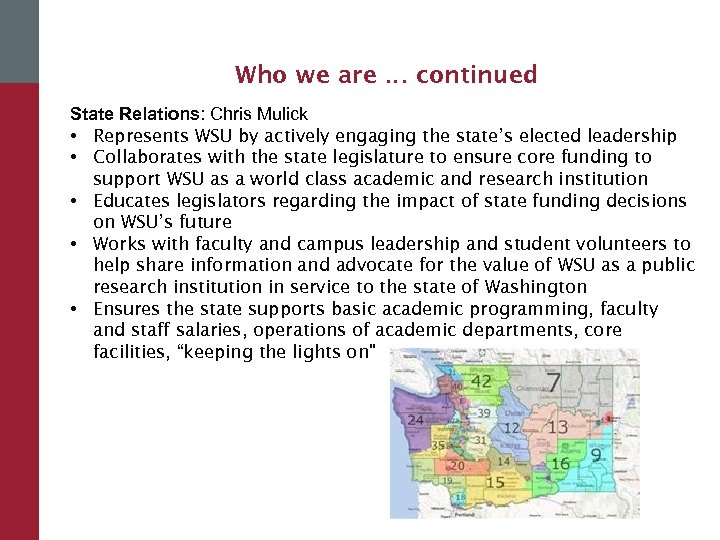 Who we are … continued State Relations: Chris Mulick • Represents WSU by actively