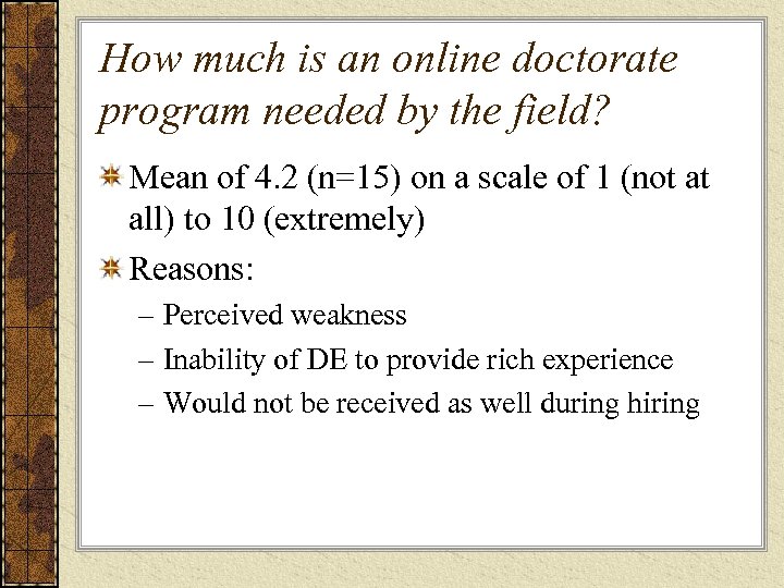 How much is an online doctorate program needed by the field? Mean of 4.