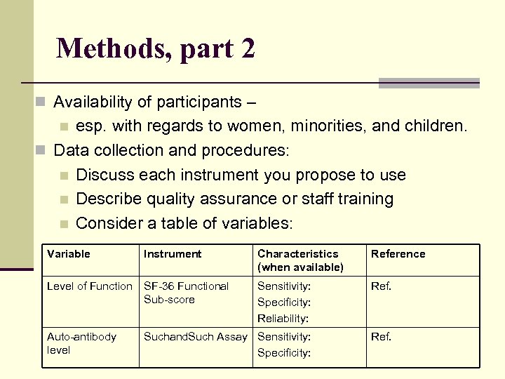 Methods, part 2 n Availability of participants – esp. with regards to women, minorities,