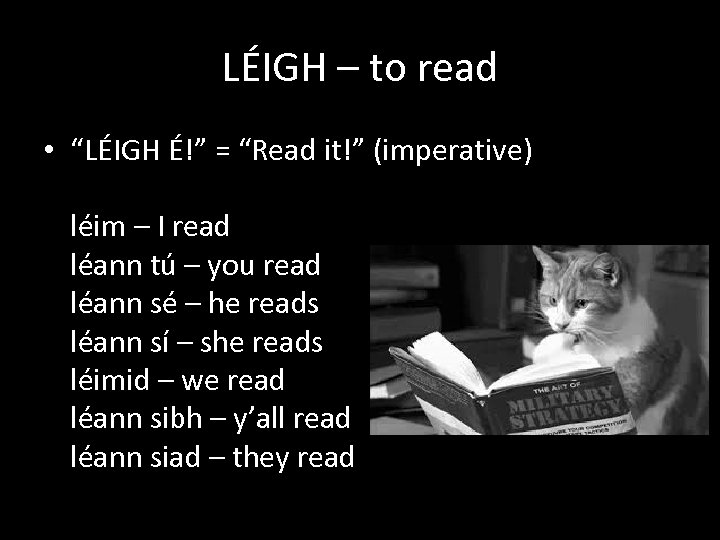LÉIGH – to read • “LÉIGH É!” = “Read it!” (imperative) léim – I