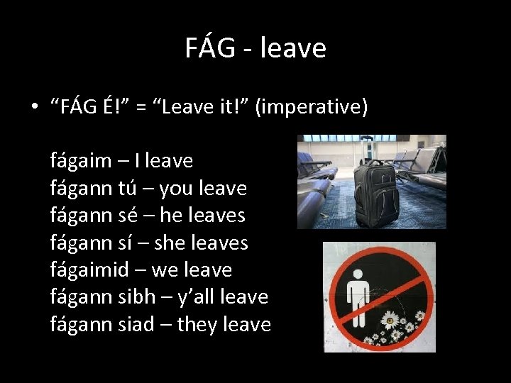 FÁG - leave • “FÁG É!” = “Leave it!” (imperative) fágaim – I leave