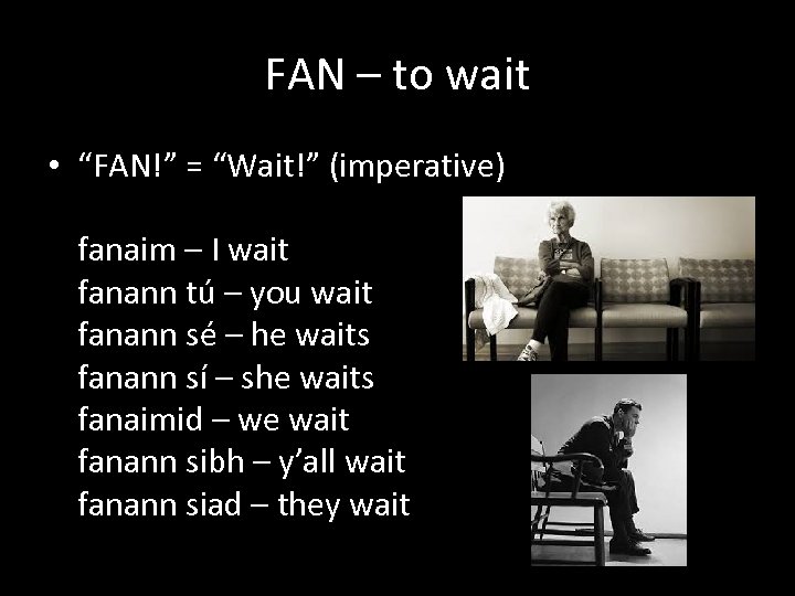 FAN – to wait • “FAN!” = “Wait!” (imperative) fanaim – I wait fanann