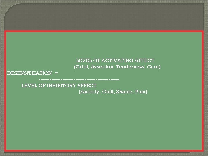  LEVEL OF ACTIVATING AFFECT (Grief, Assertion, Tenderness, Care) DESENSITIZATION = ----------------------LEVEL OF INHIBITORY