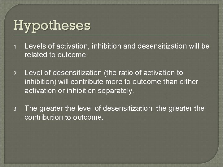 Hypotheses 1. Levels of activation, inhibition and desensitization will be related to outcome. 2.