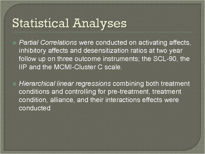 Statistical Analyses Partial Correlations were conducted on activating affects, inhibitory affects and desensitization ratios