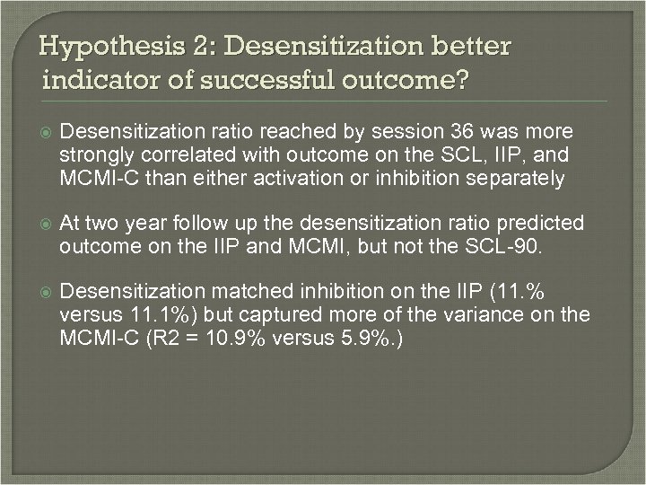 Hypothesis 2: Desensitization better indicator of successful outcome? Desensitization ratio reached by session 36