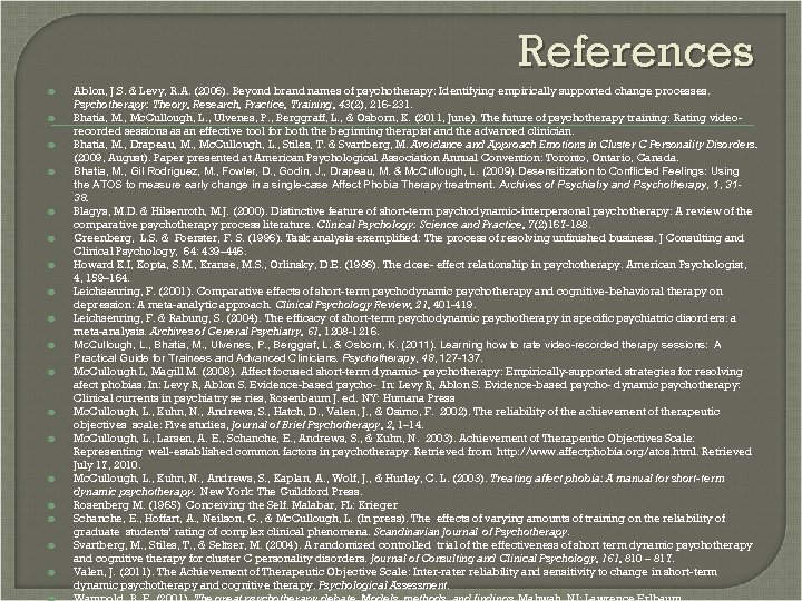 References Ablon, J. S. & Levy, R. A. (2006). Beyond brand names of psychotherapy: