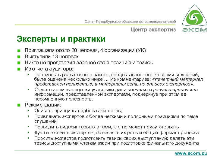 Эксперты и практики Приглашали около 20 человек, 4 организации (УК) Выступили 13 человек Никто