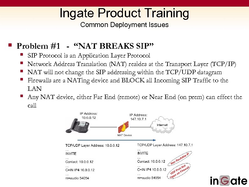 Ingate Product Training Common Deployment Issues § Problem #1 - “NAT BREAKS SIP” §