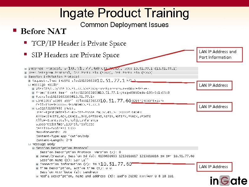 Ingate Product Training § Before NAT Common Deployment Issues § TCP/IP Header is Private