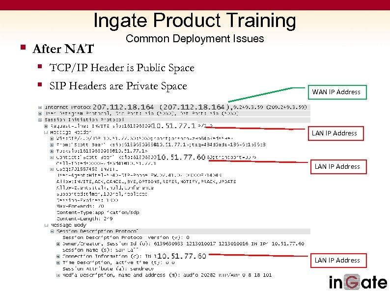 Ingate Product Training § After NAT Common Deployment Issues § TCP/IP Header is Public