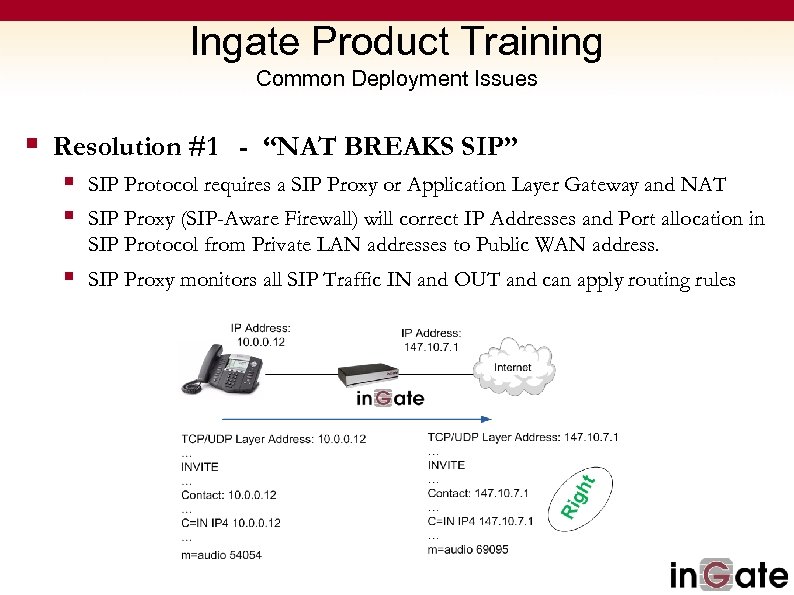 Ingate Product Training Common Deployment Issues § Resolution #1 - “NAT BREAKS SIP” §