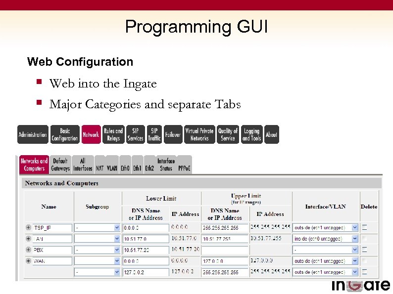 Programming GUI Web Configuration § Web into the Ingate § Major Categories and separate