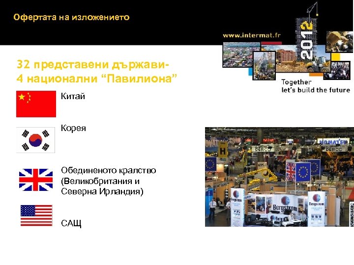 Офертата на изложението 32 представени държави 4 национални “Павилиона” Китай Корея Обединеното кралство (Великобритания