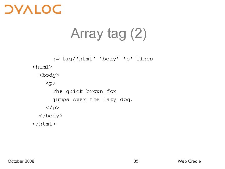 Array tag (2) ↑⊃ tag/'html' 'body' 'p' lines <html> <body> <p> The quick brown