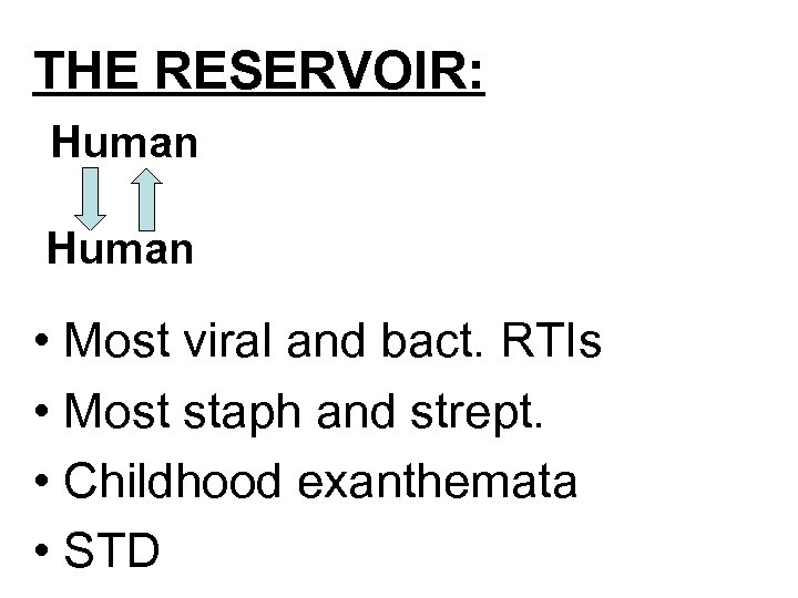 THE RESERVOIR: Human • Most viral and bact. RTIs • Most staph and strept.