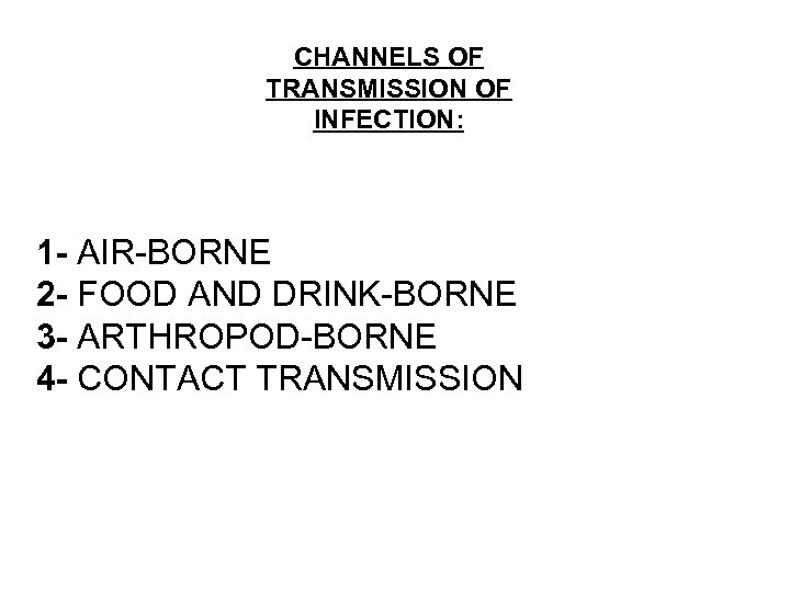 CHANNELS OF TRANSMISSION OF INFECTION: 1 - AIR-BORNE 2 - FOOD AND DRINK-BORNE 3